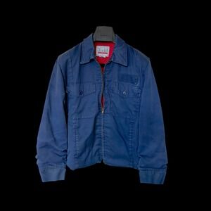 80's Todd Navy Blue Work Jacket Red Quilted Lining Zip Up Utility Coat Size M